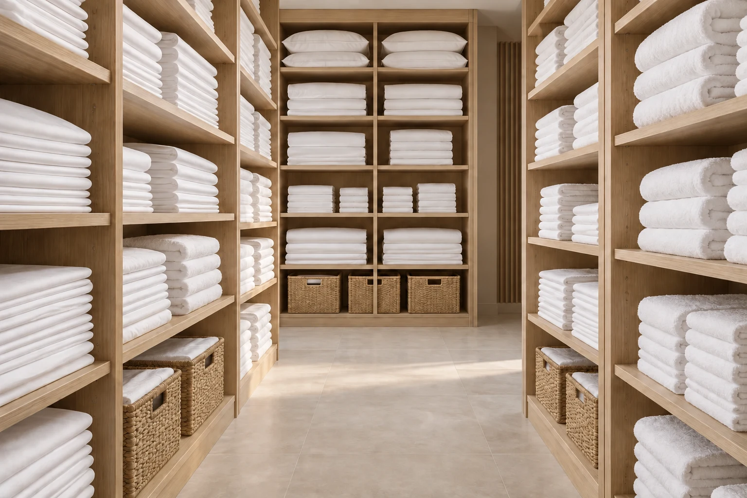 A hotel linen stockroom with neatly folded white sheets and towels