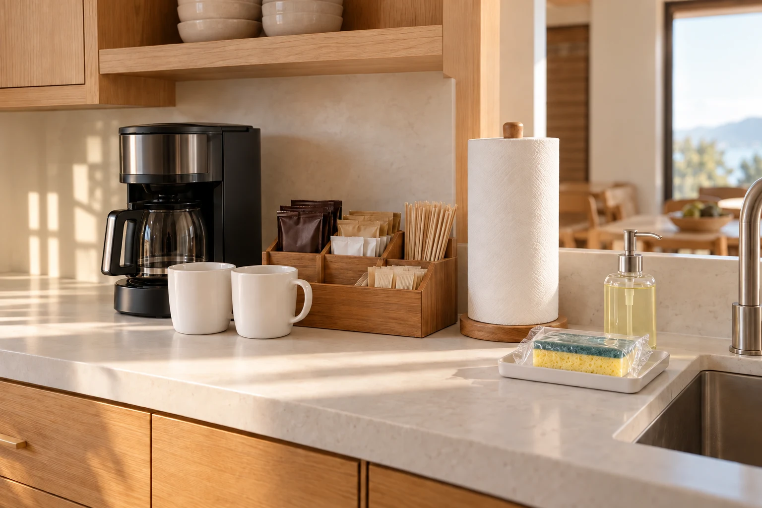 Illustrative kitchen amenities with coffee station supplies, paper towels and a new sink sponge sealed in its individual wrapper