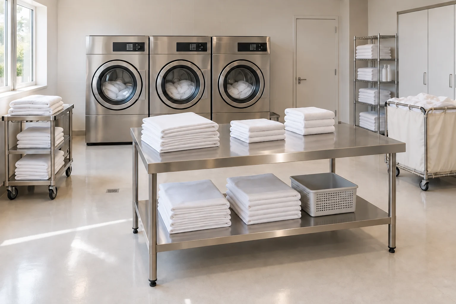 A professional laundry processing room with commercial washers and folded hotel linen