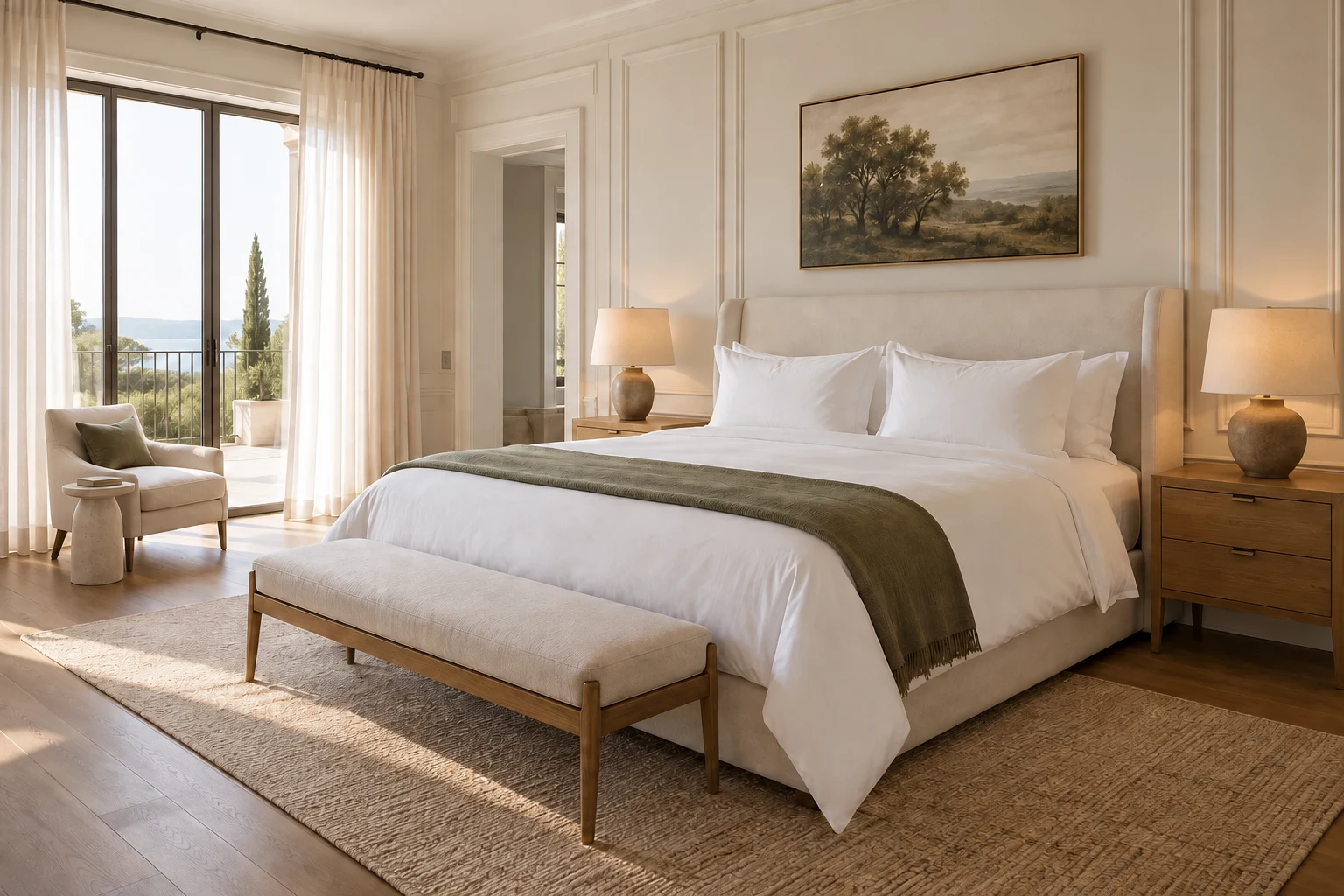 Hotel-style bed with crisp white linens